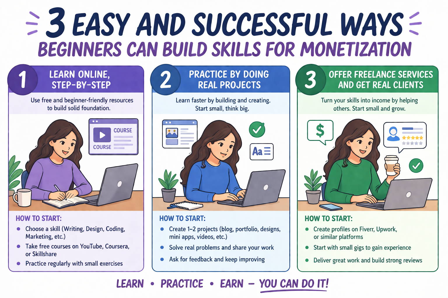 3 Easy and Successful Ways Beginners Can Build Skills for Monetization